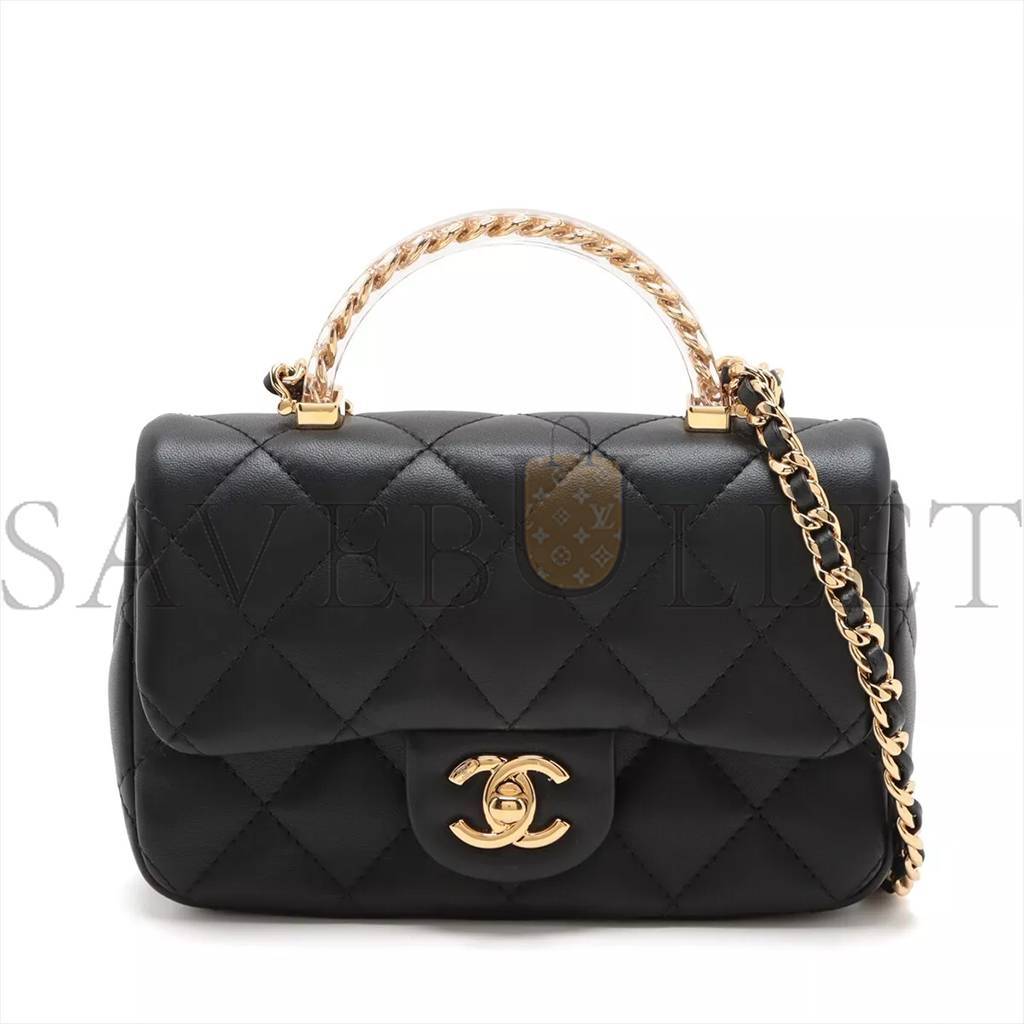 Ch*el master mini matelasse lambskin 2way shoulder bag top handle black gold metal as4848 (19*12*6cm)